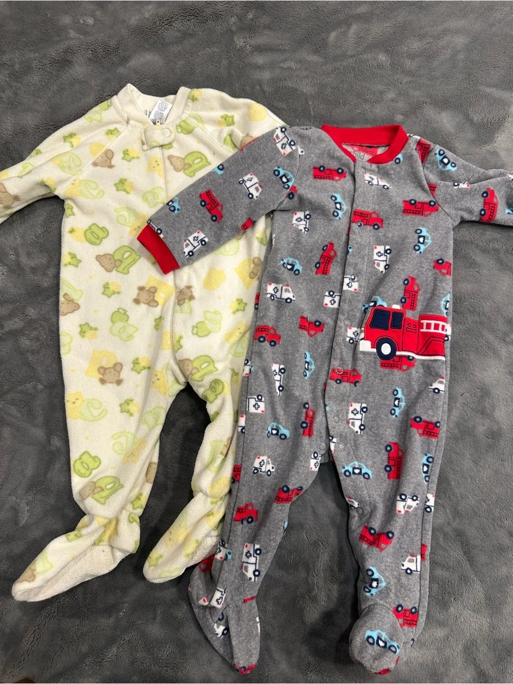 Gray Footed One-Piece with Car Print and Green/Yellow Fleece One Piece